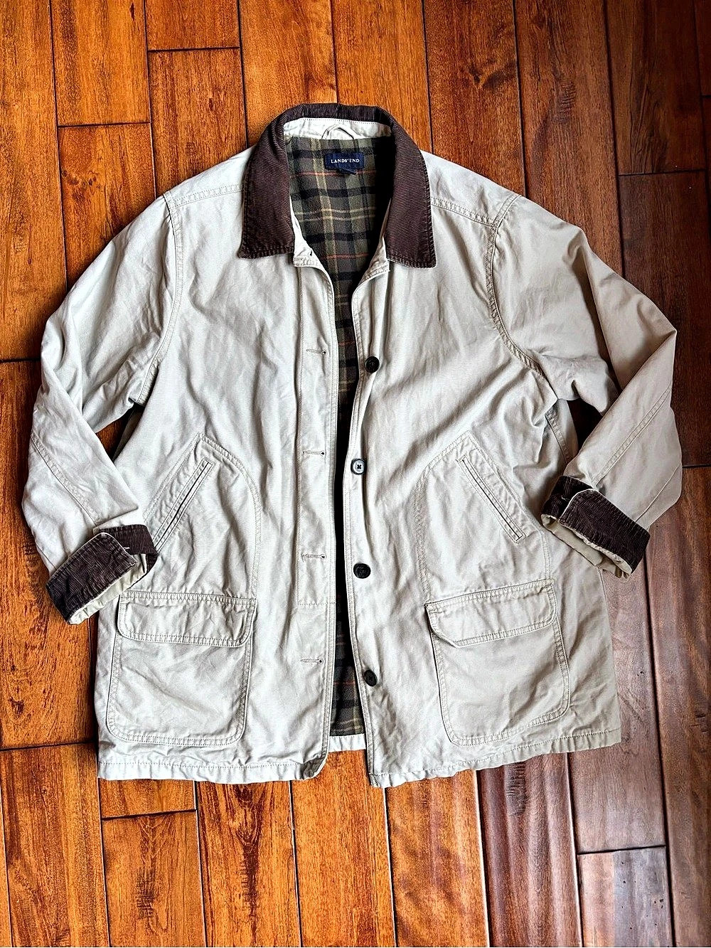 Lands' End Canvas Barn Coat Plaid Jacket Cream & Brown XL